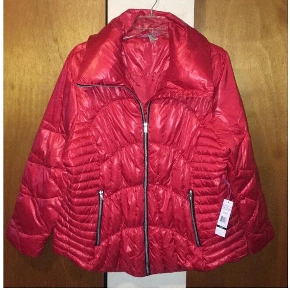 Pink Platinum Womens Red Puffer Jacket Quilted Zip Up Down Blend JP014168 2X NWT